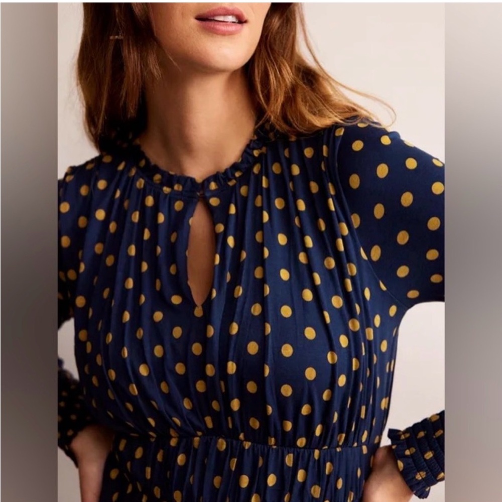 Boden Rosanna Long Sleeve Jersey Tea Midi Dress French Navy Spot Size 6 Regular